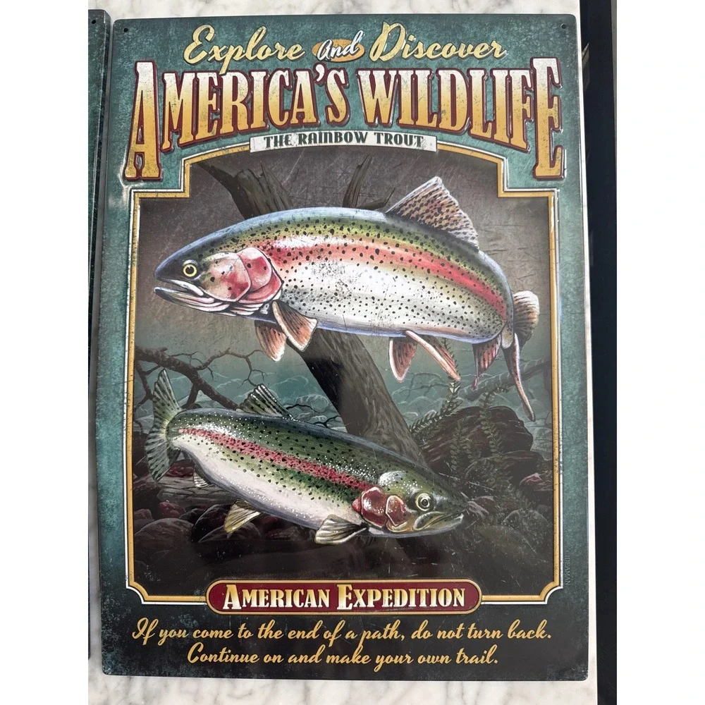American Expedition Wildlife Tin Signs Set Largemouth Bass Rainbow Trout 16x12.5